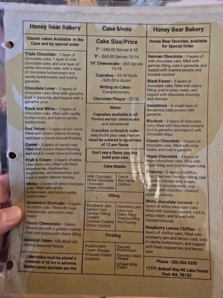 Honey Bear Bakery Menu 1